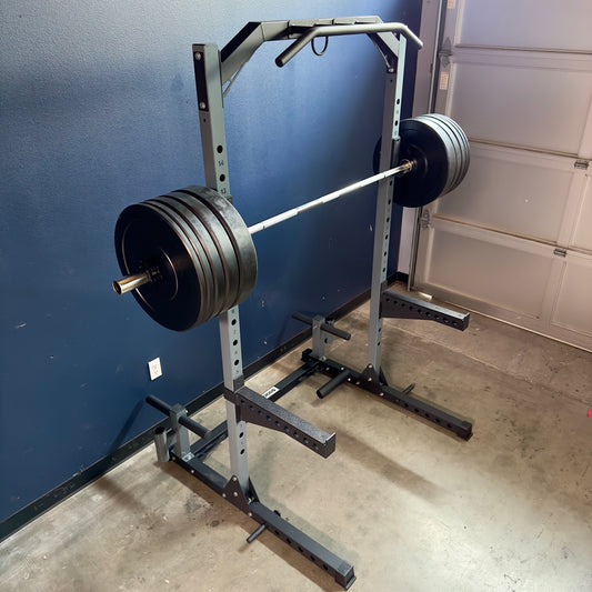 HR-01 Squat Rack + 260 lb bumper plates + chrome barbell